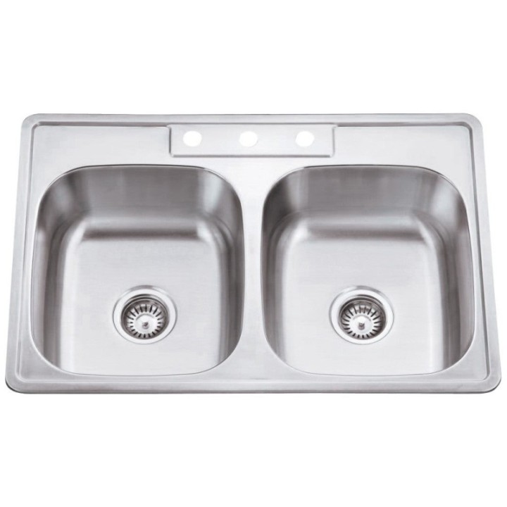 33" L x 22" W x 9" D Drop-In 20 Gauge Stainless Steel 50/50 Double Bowl Sink